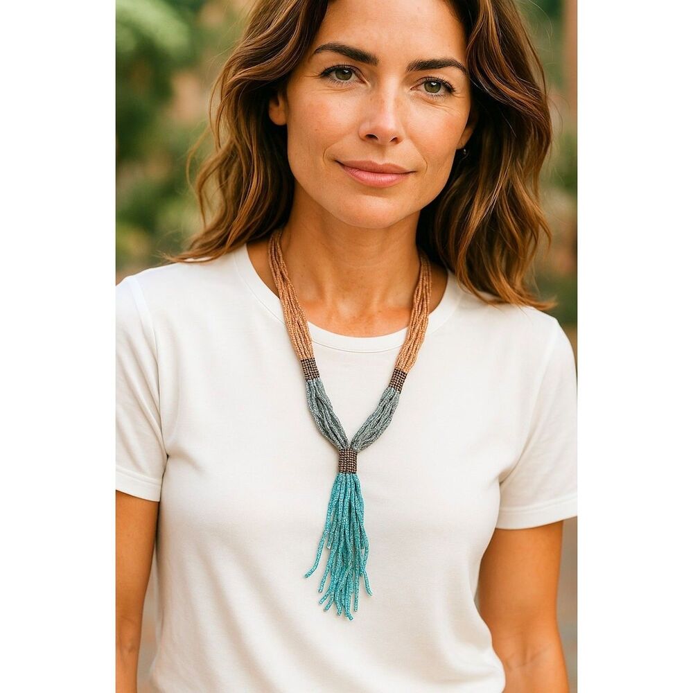 Beaded Multistrand Long Necklace NEW Turquoise Gold Beige Tassel Boho NWT